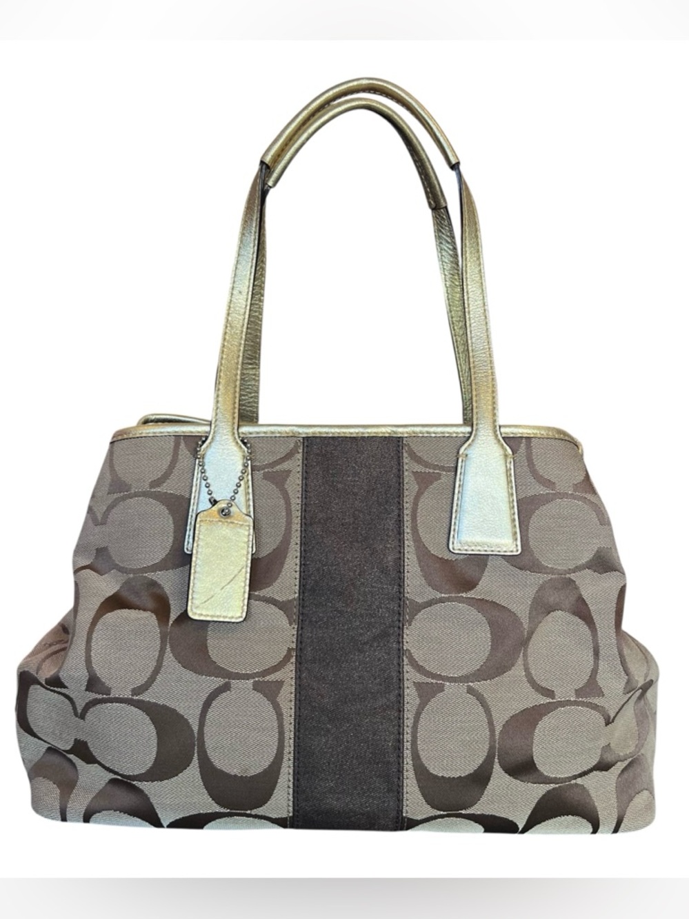 Coach Khaki Gold Y2K Vintage Kisslock Signature Stripe Framed Carryall Tote Bag - Picture 4 of 15